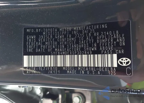 2025 Toyota Corolla Le from USA, damaged, VIN 5YFB4MDEXSP302849